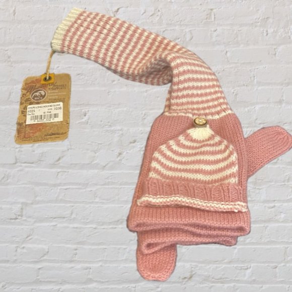 MANTARAY -- Mitten/Gloves, Pink & White Stripe Elbow Length "Hoodie" Gloves, NWT - Picture 3 of 11